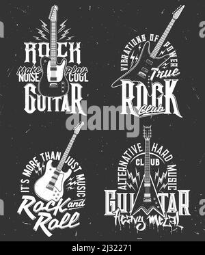 Reproductions de t-shirts de musique rock avec guitare, emblèmes de vecteur de concert en métal lourd. Hard Rock festival et rockers Music club badge avec des citations de slogan sur guitare électrique, grunge emblèmes noirs Illustration de Vecteur