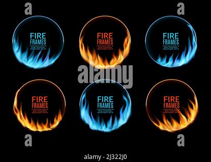 Cadres ronds de flammes de gaz et de feu, cercles vectoriels réalistes de bleu et de rouge chaud brûlant. 3d lignes de bordure de feux, lumières inferno, anneaux de magie et boules de feu sur fond noir Illustration de Vecteur