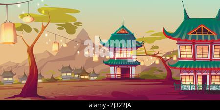 Village asiatique chinois avec maisons traditionnelles et lanternes de festival dans la rue. Paysage de dessins animés vectoriels avec des bâtiments chinois, japonais et de la montagne Illustration de Vecteur