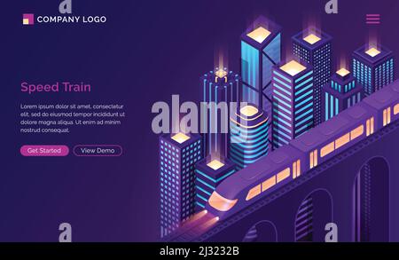 Page d'accueil isométrique du train de vitesse. Locomotive électrique moderne de métro à cheval au pont au-dessus du paysage urbain futuriste avec des bâtiments au néon et un illuminé Illustration de Vecteur