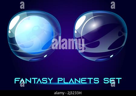 Fantasy space planètes set pour le jeu de galaxie ui. Icônes de dessin animé vectoriel du monde étranger, objets cosmiques avec noyau de sphère solide et enveloppe de bulle transparente Illustration de Vecteur