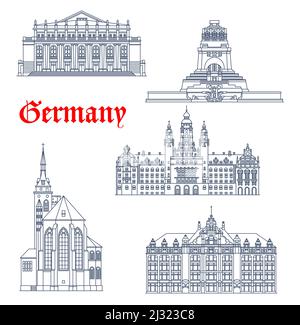 Allemagne, Stuttgart et Leipzig bâtiments d'architecture, Voyage vecteur points de repère. Staatsoper Stuttgart Opera, Leipzig Neues Rathaus, commerzbank commercial Bank et Collégiale de Sainte-Croix Illustration de Vecteur