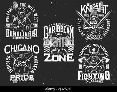 Imprimés de tshirt avec hommes guerriers tenant une armure croisée, mascottes vectorielles pour la conception de vêtements. Étiquettes isolées avec viking, ranger, pirate, chevalier et typographie. Imprimés ou emblèmes monochromes pour t-shirts Illustration de Vecteur