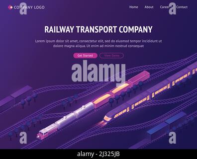 Page d'accueil isométrique de la compagnie de transport ferroviaire. Véhicule de tourisme et train de marchandises sur chemin de fer, logistique de fret et transmission express à grande vitesse Illustration de Vecteur