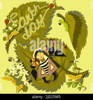 Illustration conceptuelle du jour de la Terre. La jeune fille est couchée sur une grande feuille de tilleul, entourée de feuilles de tilleul et de fleurs avec divers insectes. Illustration de Vecteur