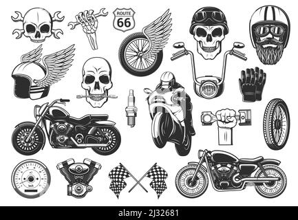 Jeu d'icônes gravées de moto et de course. Motard ou coureur de sport automobile sur moto sportive, motocycles rétro, piston moteur, bougie d'allumage et compteur de vitesse, crâne dans casque et vecteur roue à ailettes Illustration de Vecteur