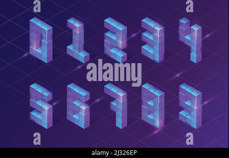 Nombres isométriques composés de cubes 3d sur fond violet lumineux au néon avec grille d'ondes et sparkles rétro synth, effet hologramme hud, cyberpa futurisitique Illustration de Vecteur