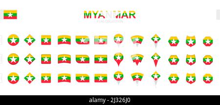 Grande collection de drapeaux du Myanmar de formes et d'effets divers. Grand ensemble de drapeaux vectoriels. Illustration de Vecteur