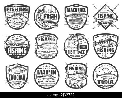 Icônes des sports de pêche, club de pêcheurs et emblèmes de poissons, saumon vecteur et grande prise de thon. Tournois de pêche et chants de badges de camp, cannes pour le brochet de rivière, le makaire de mer, et le maquereau, la plie et la perche Illustration de Vecteur