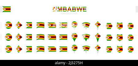 Grande collection de drapeaux du Zimbabwe de formes et d'effets variés. Grand ensemble de drapeaux vectoriels. Illustration de Vecteur