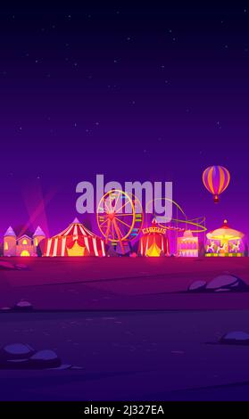 Thème de fond de smartphone avec foire de carnaval la nuit. Modèle vectoriel pour économiseur d'écran de téléphone mobile avec paysage sombre et cirque éclairé Illustration de Vecteur