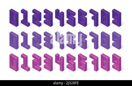 Nombres isométriques composés de cubes 3d. Les chiffres violets, violets et roses se trouvent en rangée, isolés sur fond blanc. Éléments vectoriels géométriques de police, bloc si Illustration de Vecteur