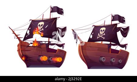 Bataille de mer de navires rétro en bois vecteur bande dessinée. Combat de galléon pirate ou attaque frégate, voilier. Corsaires avec drapeau noir, navire cassé dans le feu wi Illustration de Vecteur