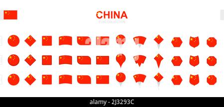 Grande collection de drapeaux de Chine de formes et d'effets divers. Grand ensemble de drapeaux vectoriels. Illustration de Vecteur
