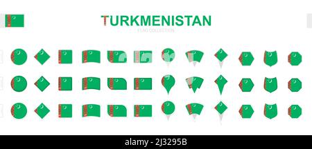 Grande collection de drapeaux du Turkménistan de formes et d'effets variés. Grand ensemble de drapeaux vectoriels. Illustration de Vecteur