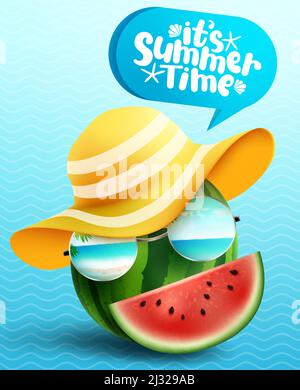 Motif vectoriel de personnages d'été. Pastèque emoji avec son texte d'été dans la bulle de parole pour la saison tropicale créateur visage de fruit. Illustration de Vecteur