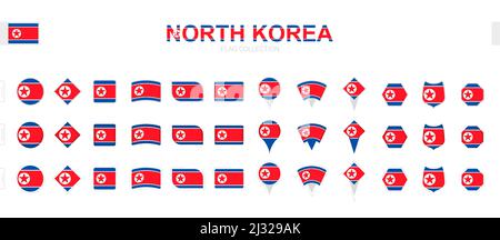 Grande collection de drapeaux nord-coréens de formes et d'effets variés. Grand ensemble de drapeaux vectoriels. Illustration de Vecteur