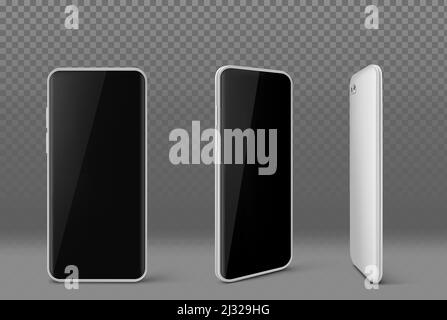 Vue frontale et d'angle du téléphone mobile blanc isolée sur un arrière-plan transparent. Maquette de smartphone Vector Realistic avec écran noir et boîtier blanc. Mo Illustration de Vecteur