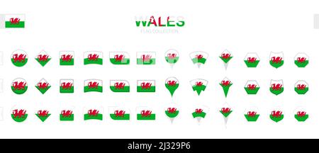 Grande collection de drapeaux de pays de Galles de formes et d'effets variés. Grand ensemble de drapeaux vectoriels. Illustration de Vecteur