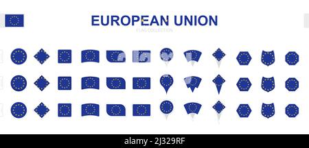 Grande collection de drapeaux de l'Union européenne de formes et d'effets variés. Grand ensemble de drapeaux vectoriels. Illustration de Vecteur