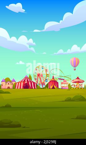 Thème d'arrière-plan pour smartphone avec foire de carnaval. Modèle vectoriel pour économiseur d'écran de téléphone mobile avec cirque et parc d'attractions avec montagnes russes, b Illustration de Vecteur