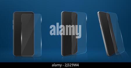 Smartphone avec kit de protection d'écran en verre, téléphone portable avec film de protection en plastique transparent contre les dommages et les rayures, housse pour téléphone, shie Illustration de Vecteur