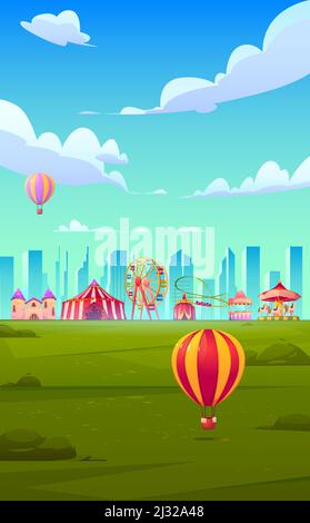 Thème d'arrière-plan pour smartphone avec foire de carnaval. Modèle vectoriel pour économiseur d'écran de téléphone mobile avec cirque et parc d'attractions avec montagnes russes, b Illustration de Vecteur