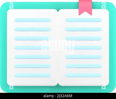 Vue de face Livre vert ouvert avec signet texte minimaliste pour la lecture de rappel 3D icône illustration réaliste de vecteur. Connaissances d'apprentissage te Illustration de Vecteur
