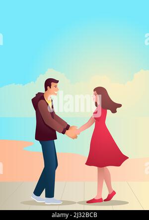 Couple tenant les mains au trottoir près de la plage, illustration vectorielle simple pour la Saint-Valentin Illustration de Vecteur