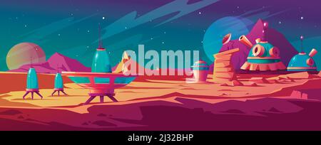 Paysage de la surface Mars avec des bâtiments de colonies. Base d'astronautes sur la planète rouge. Dessin animé vectoriel illustration futuriste de la colonisation spatiale, cosmos ex Illustration de Vecteur