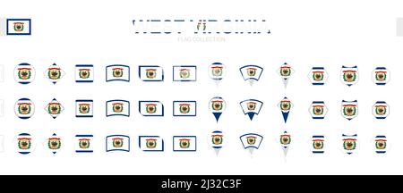 Grande collection de drapeaux de Virginie occidentale de formes et d'effets divers. Grand ensemble de drapeaux vectoriels. Illustration de Vecteur