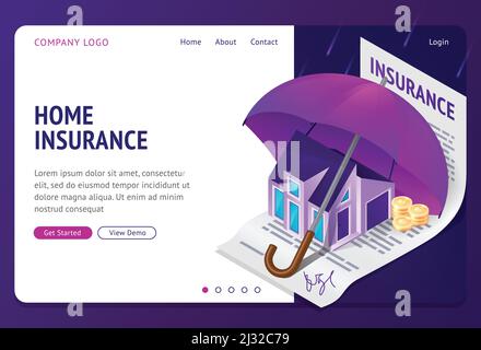 Page d'accueil isométrique assurance de biens. L'immeuble se trouve sous un immense parapluie sur un document de politique signé avec des pièces d'argent. Accident à domicile pr Illustration de Vecteur