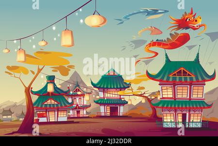 Festival de cerf-volant de Weifang en Chine. Paysage de dessin animé vectoriel de village chinois avec maisons traditionnelles, lanternes lumineuses sur la rue et papier volant rouge drag Illustration de Vecteur