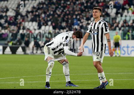 Allianz Stadium, Turin, Italie, 03 avril 2022, Dušan Vlahovic (Juventus FC) et Paulo Dybala (Juventus FC) pendant Juventus FC vs Inter - FC Internaz Banque D'Images