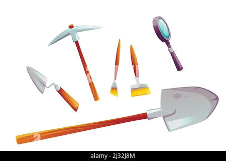 Jeu d'outils d'excavation d'illustrations vectorielles de dessins animés. Collection d'instruments de travail archéologiques, pelle, truelle, pipes, loupe et pinceaux isola Illustration de Vecteur