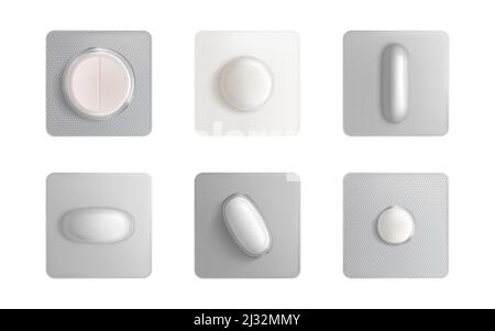 Comprimés blister pack, médicaments comprimés et capsules maquette isolée sur fond blanc. Solution indolore package éléments de conception pour la publicité Illustration de Vecteur