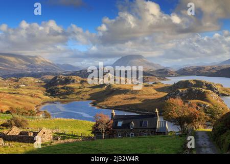 Panorama sur le Loch Inchard à Ben Arkle avec, Sutherland, Écosse Royaume-Uni Banque D'Images