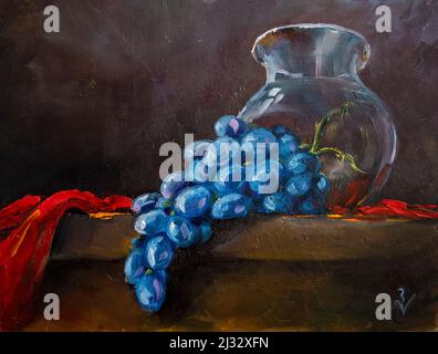 Raisins sur la table. Peinture à l'huile avec coups de pinceau. Banque D'Images