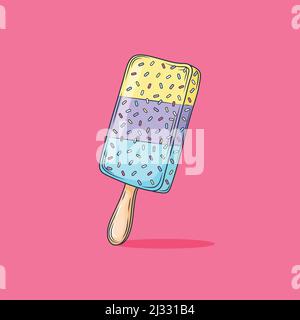 Crème glacée aux fruits kawaii, jus congelé sur bâton de bois, popsicle fruité. Dessert d'été froid coloré isolé. Illustration de Vecteur
