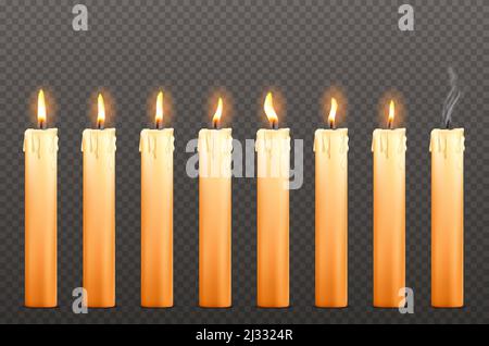 Bougies avec différentes flammes de feu et cire goutte isolée sur fond transparent. Ensemble de bougies allumées Vector Realistic avec lumière scintillante Illustration de Vecteur