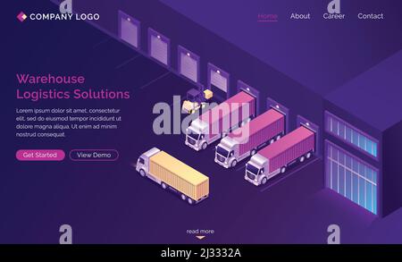 Solutions logistiques d'entrepôt page de renvoi isométrique, service de livraison de camions, processus de transport, distribution d'expédition mondiale, poids à l'exportation de marchandises Illustration de Vecteur