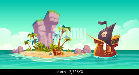 Île tropicale avec coffre au Trésor et bateau pirate dans l'océan. Illustration vectorielle de paysage de mer avec un navire en bois et un crâne sur des voiles noires, Illustration de Vecteur