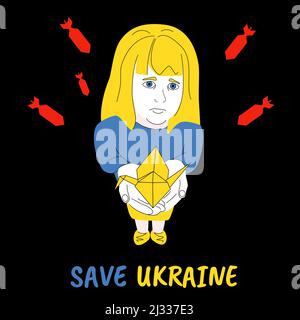 Triste fille avec une grue d'origami sous des bombes de missiles volants, les enfants prient pour un ciel pacifique en Ukraine. Save Ukraine script, drapeau ukrainien bleu jaune couleurs illustration vectorielle Illustration de Vecteur