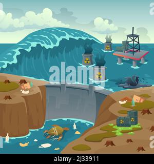 Écologie pollution, le pétrole dérarick dans les océans pollués et les barils de liquide toxique flottant sur la surface de l'eau de mer sale avec le barrage et les animaux en train de mourir, les détritus Illustration de Vecteur