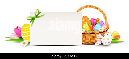 Panier de pâques à la décoration colorée avec œufs de pâques peints, fleurs de tulipe et modèle de carte de vœux Illustration de Vecteur