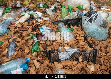 Déchets de plastique se trouvant dans les feuilles de la forêt. Pollution de l'environnement. Problèmes écologiques. Bouteilles en plastique, sacs et autres déchets à l'automne l Banque D'Images