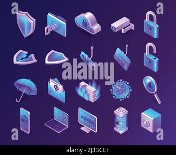 Jeu d'icônes isométriques de sécurité de l'ordinateur. Hameçonnage, coffre-fort, serveur de base de données et pare-feu, courrier indésirable, bouclier, parapluie et verrou, empreinte digitale ou cloud Illustration de Vecteur