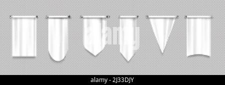 Fanions blancs différentes formes, pendentifs en toile pour les équipes sportives, symboles varsity ou héraldique. Modèle vectoriel réaliste de textile de suspension vierge Illustration de Vecteur