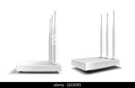 Routeur WiFi, modem haut débit sans fil avec antennes isolées sur fond blanc. Maquette vectoriel réaliste du routeur Ethernet pour une connexion réseau rapide Illustration de Vecteur