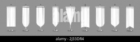 Fanions blancs en forme de maquette, bannières verticales vierges sur le mât avec bords arrondis, concaves, pointés et doubles. Ensig vide héraldique médiéval isolé Illustration de Vecteur